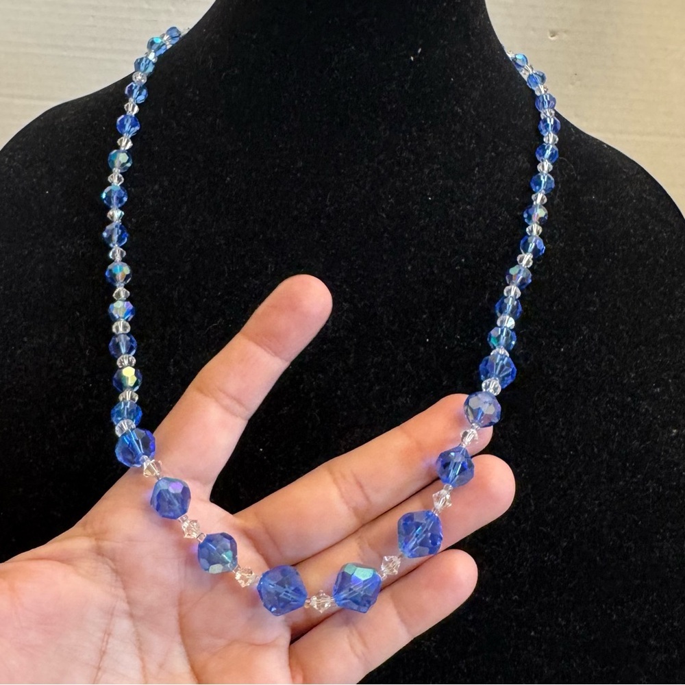 Vintage Aurora Borealis Graduated Crystal Glass Beaded Necklace BLUE & CLEAR 27"
